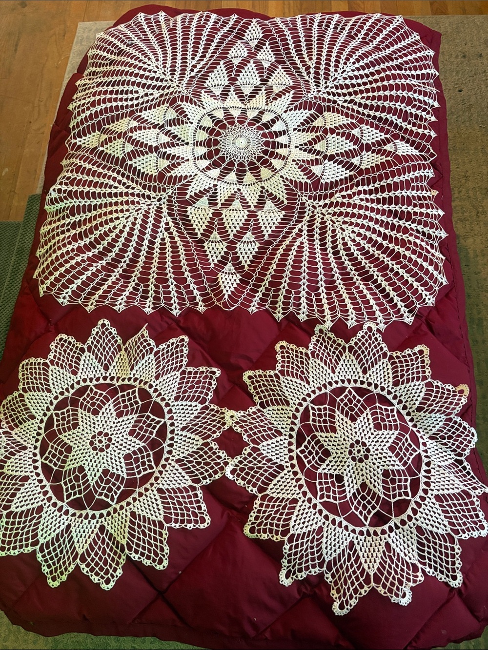 Handmade White Crochet Doily Set - Large Square & 2 Round Sunburst Doilies